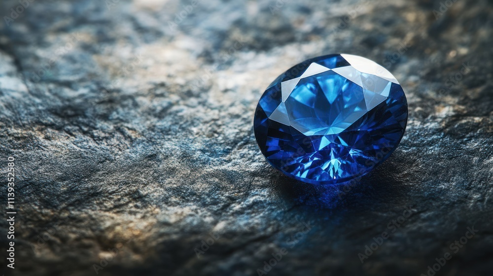 A Single, Large, Deep Blue Sapphire Gemstone on Rough, Dark Stone A Single, Large, Deep Blue Sapphire Gemstone on Rough, Dark Stone