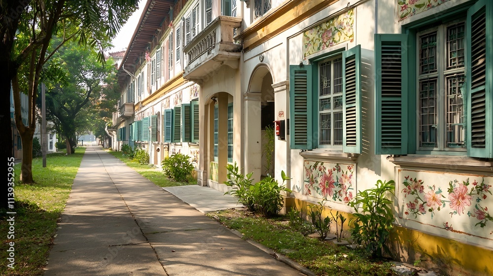 Fototapeta premium Beautifully Restored Sino Portuguese Building with Vibrant Shutters Floral Patterns on the Facade and a Clean Sidewalk Providing Copy Space