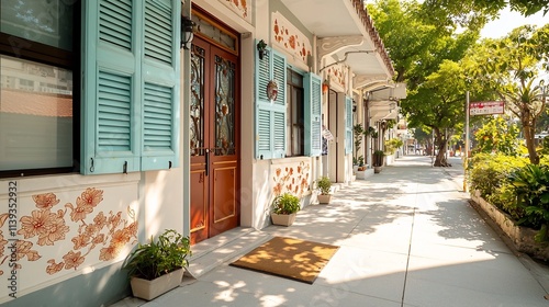 Beautifully restored Sino Portuguese building featuring vibrant shutters intricate floral patterns on the facade and a clean sidewalk providing ample copyspace for your design needs