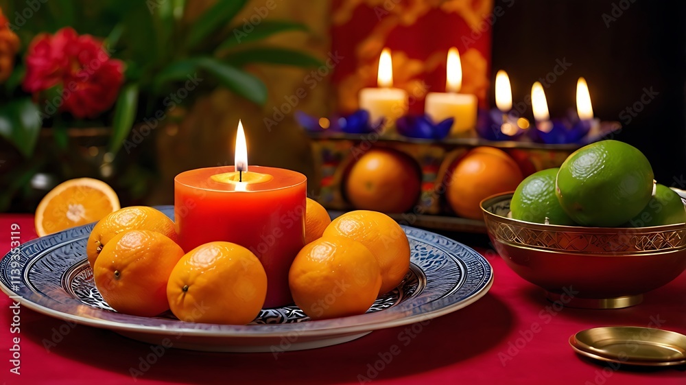 Obraz premium Serene Still Life: Oranges, Limes, Candlelight, and Festive Candles, creating a warm and inviting atmosphere