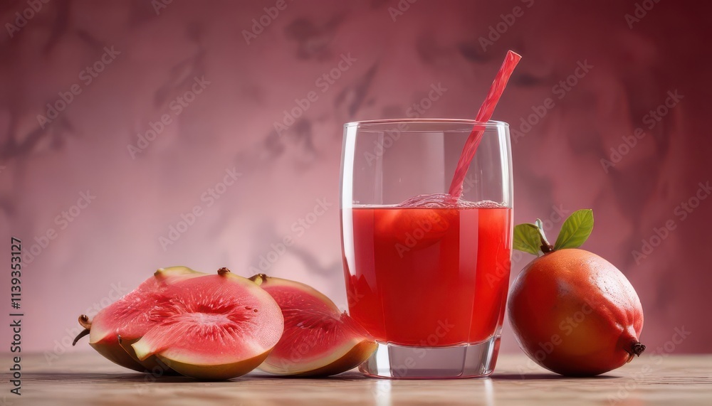 Crystal-clear glass of guava juice, bright red hue , white background, summer, vitamins Crystal-clear glass of guava juice, bright red hue , white background, summer, vitamins