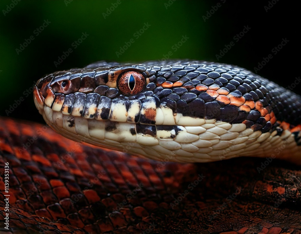 Obraz premium Detailed close-up of a snake's head showcasing intricate black, orange, and white scales, sharp eyes, and reptilian features in nature.
