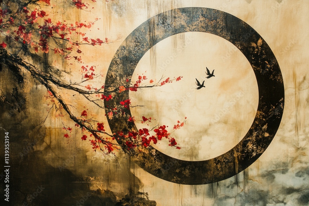 Fototapeta premium Artistic abstract painting of cherry blossoms, birds, and circle.