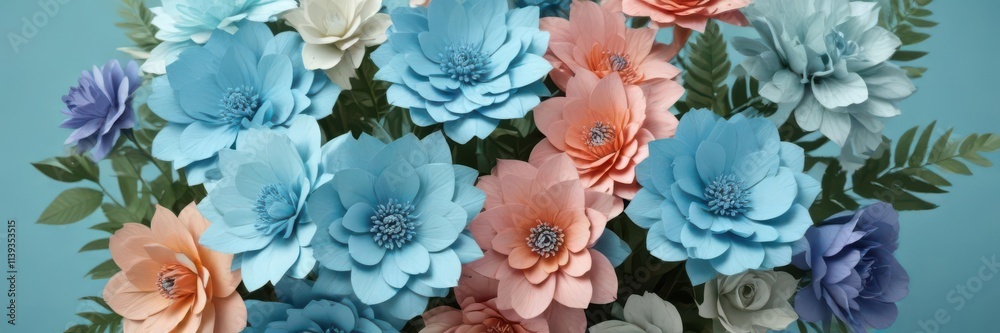 Fototapeta premium Colorful handmade paper flower bouquet, light blue, central empty area , colorful, stationery