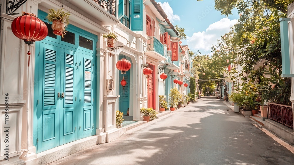 Fototapeta premium A traditional Sino Portuguese shophouse with vibrant blue shutters red lanterns and a clean pavement offering clear copy space in the sky