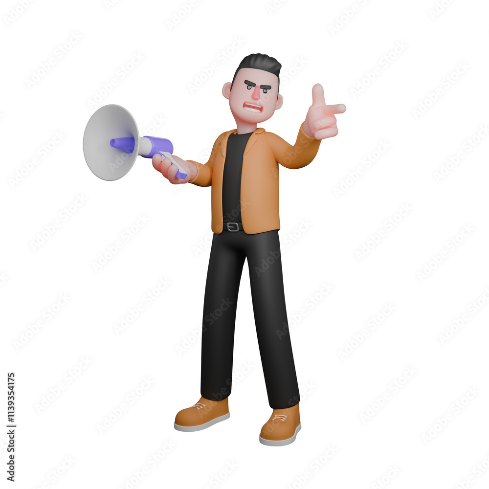 Professional Film Director Cartoon Creative 3D Character. A male director stands holding a loudspeaker in his right hand, and his left hand points to the side while looking at it cool style expression Professional Film Director Cartoon Creative 3D Character. A male director stands holding a loudspeaker in his right hand, and his left hand points to the side while looking at it cool style expression