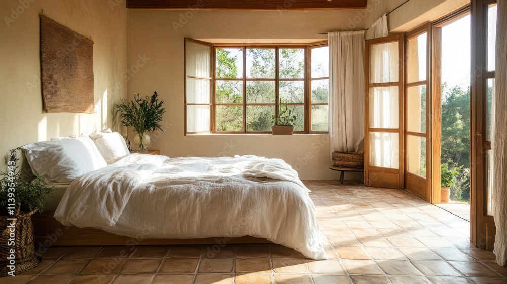 Serene Bedroom in a Rustic Villa with Natural Light and Views Serene Bedroom in a Rustic Villa with Natural Light and Views