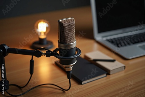 Close-Up of Microphone and Laptop on Desk – Ideal Setup for Podcasting, VTubers, and Streaming in a Cozy Home Studio photo