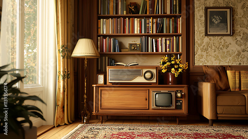 A living room with a wooden entertainment center, a lamp, a television