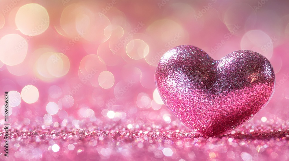 Fototapeta premium Panoramic heart-shaped glitter with soft bokeh lights on a sweet pink background for romantic and festive themes 