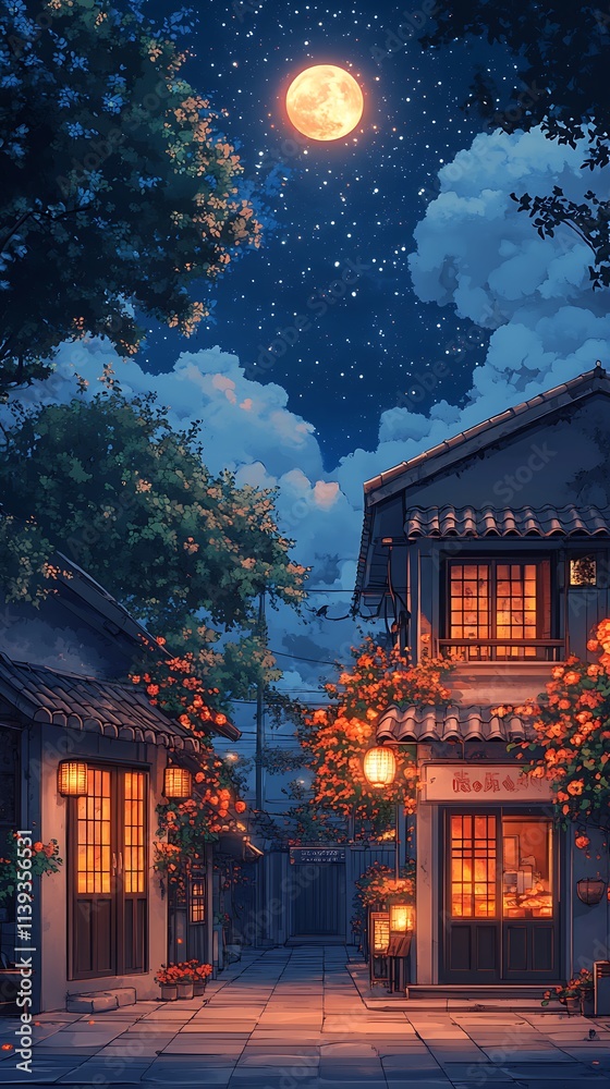 Fototapeta premium Moonlit Street Scene with Illuminated Traditional Houses and Starry Sky Photo