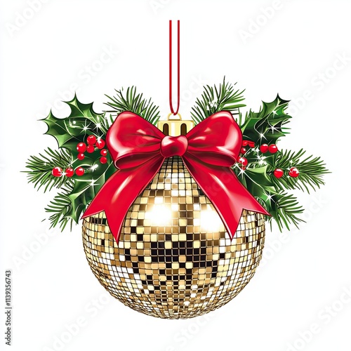 Gold disco ball ornament with red ribbon, Golden disco ball Christmas ornament with red bow, surrounded by pine branches and berries, perfect for festive holiday decorations.



