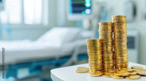 A stack of gold coins on a table in a hospital room, highlighting the intersection of healthcare and financial considerations.