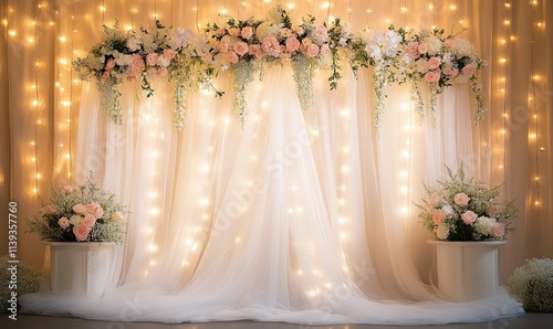 Floral wedding backdrop with fairy lights and drapery, Elegant floral wedding backdrop featuring soft white drapery, fairy lights, and lush flower arrangements, perfect for ceremonies or romantic