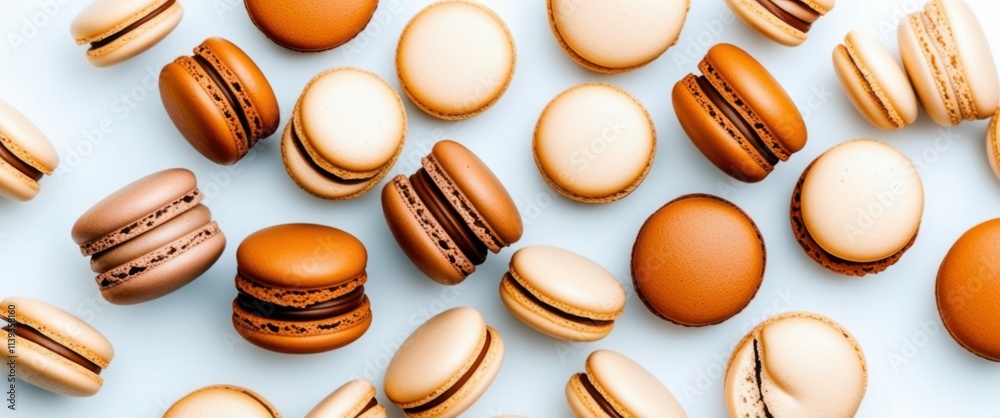 Photograph of a variety of macarons in different flavors and colors, arranged in a random pattern on a white surface. Photograph of a variety of macarons in different flavors and colors, arranged in a random pattern on a white surface.