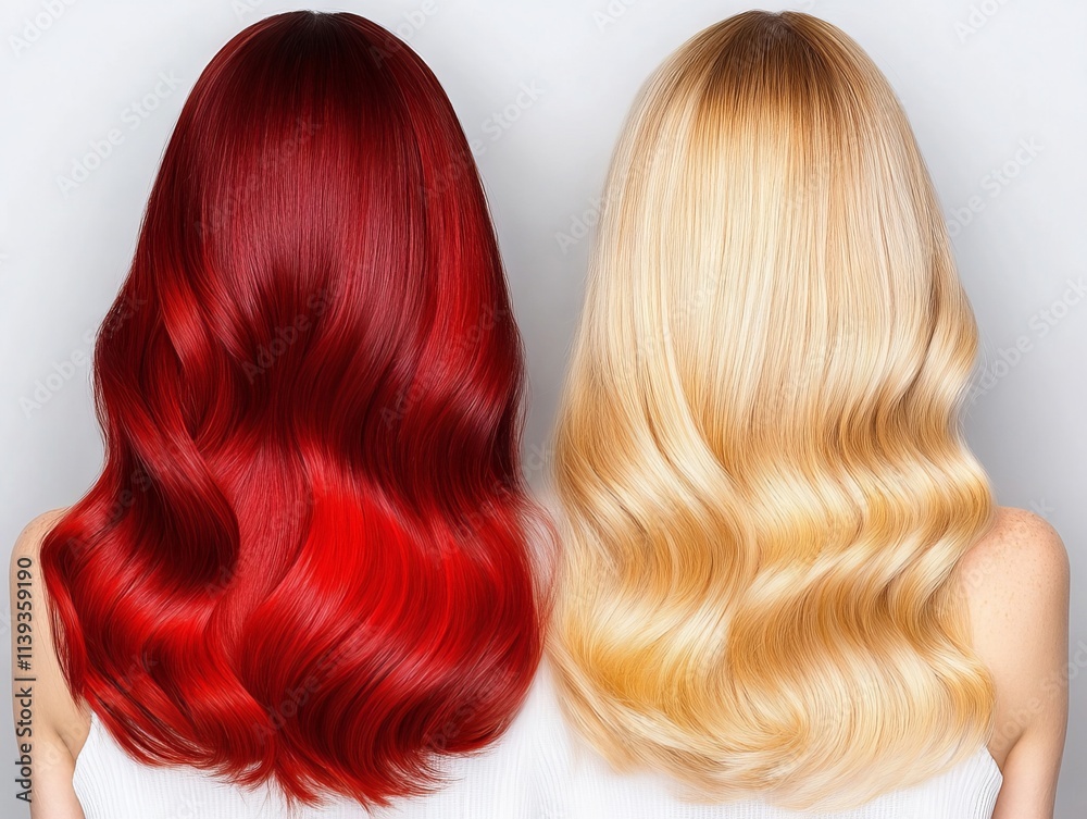 A woman with long blonde and red hair standing next to each other A woman with long blonde and red hair standing next to each other