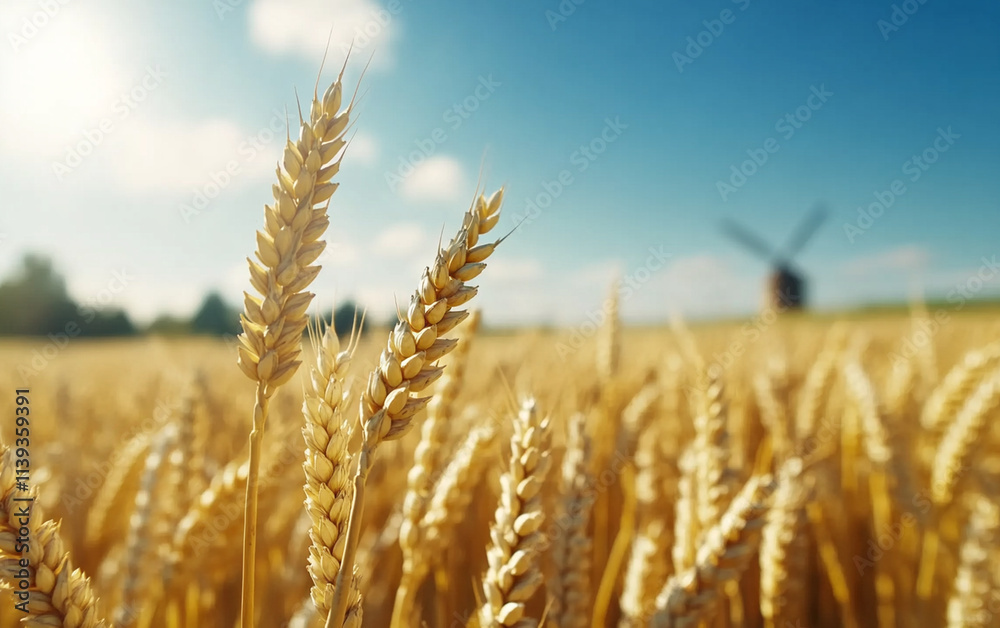 Fototapeta premium Golden wheat field swaying gently in breeze under clear blue sky, with windmill in background, creating serene rural landscape