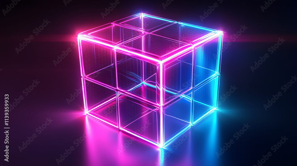Digital cyber cube. Neon glowing cubes in motion with. Musical, gaming, technology, background with glowing 3d objects.
Digital cyber cube. Neon glowing cubes in motion with. Musical, gaming, technology, background with glowing 3d objects.