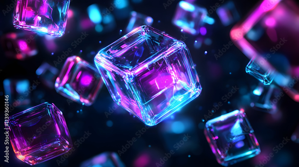 Digital cyber cube. Neon glowing cubes in motion with. Musical, gaming, technology, background with glowing 3d objects.
Digital cyber cube. Neon glowing cubes in motion with. Musical, gaming, technology, background with glowing 3d objects.