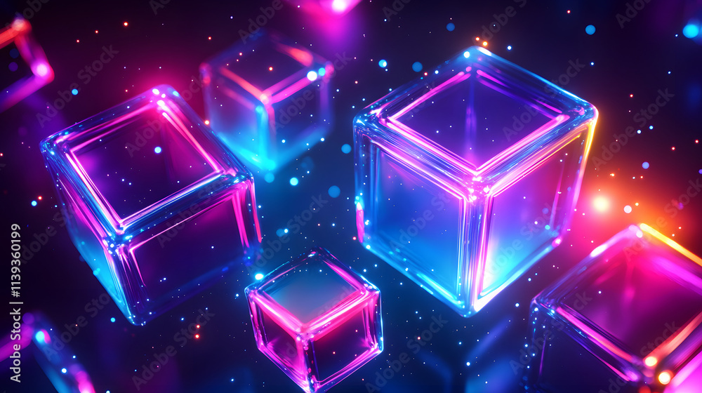 Digital cyber cube. Neon glowing cubes in motion with. Musical, gaming, technology, background with glowing 3d objects.
Digital cyber cube. Neon glowing cubes in motion with. Musical, gaming, technology, background with glowing 3d objects.