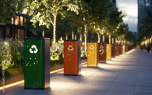 Wallpaper Mural Recycling bins in vibrant street scene, promoting eco friendly habits Torontodigital.ca