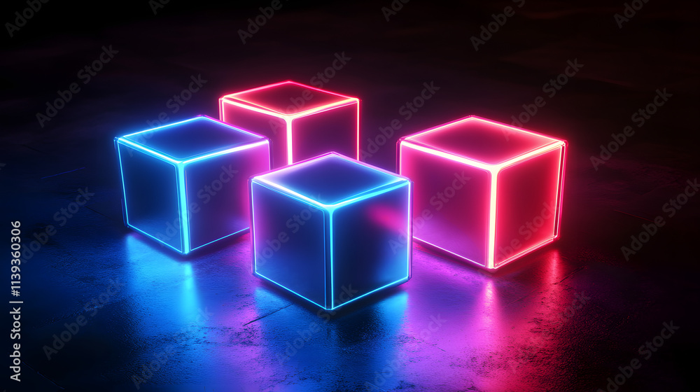 Digital cyber cube. Neon glowing cubes in motion with. Musical, gaming, technology, background with glowing 3d objects.
Digital cyber cube. Neon glowing cubes in motion with. Musical, gaming, technology, background with glowing 3d objects.