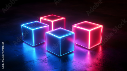  Digital cyber cube. Neon glowing cubes in motion with. Musical, gaming, technology, background with glowing 3d objects.