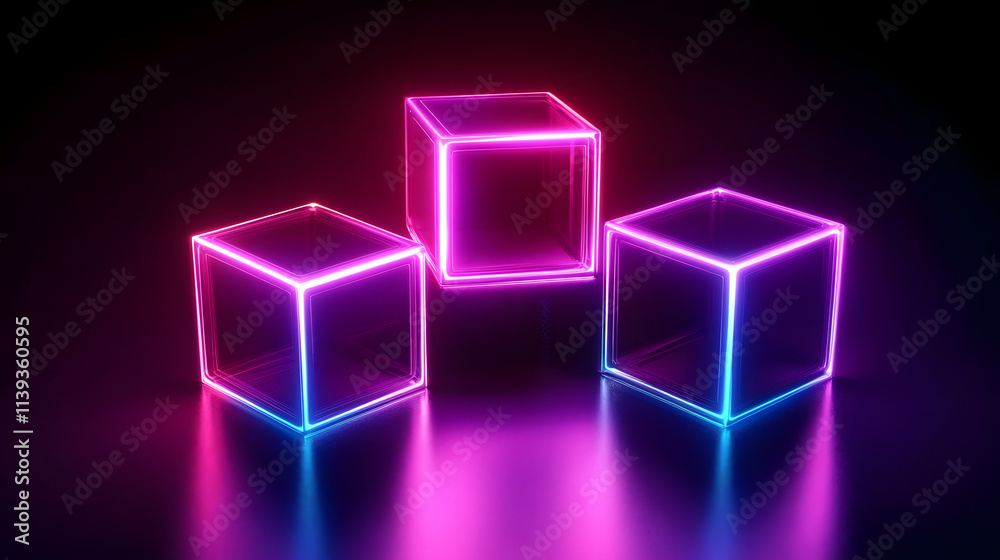 Digital cyber cube. Neon glowing cubes in motion with. Musical, gaming, technology, background with glowing 3d objects.
Digital cyber cube. Neon glowing cubes in motion with. Musical, gaming, technology, background with glowing 3d objects.