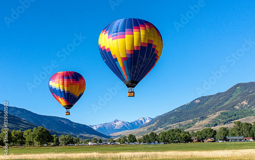Vibrant hot air balloons soaring over scenic landscape with mountains