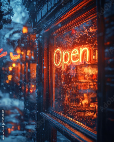 glowing neon sign reading Open in snowy, dark street scene