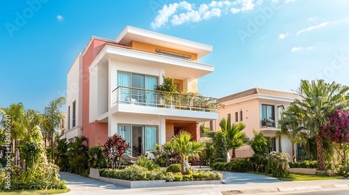 Vibrant and Spacious Modern Indian Home with Lush Garden and Balconies Offering Ample Copy Space in the Surrounding Open Sky