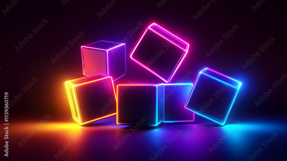 Digital cyber cube. Neon glowing cubes in motion with. Musical, gaming, technology, background with glowing 3d objects.
Digital cyber cube. Neon glowing cubes in motion with. Musical, gaming, technology, background with glowing 3d objects.