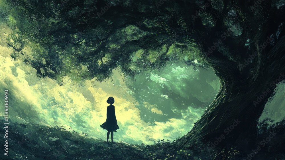 A Silhouetted Woman Standing Before a Large Tree and Green-Yellow Sky A Silhouetted Woman Standing Before a Large Tree and Green-Yellow Sky