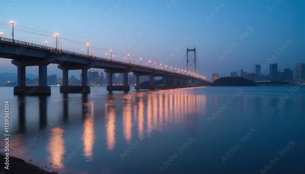 City Bridge at Dusk, Calm Waters Reflection
City Bridge at Dusk, Calm Waters Reflection