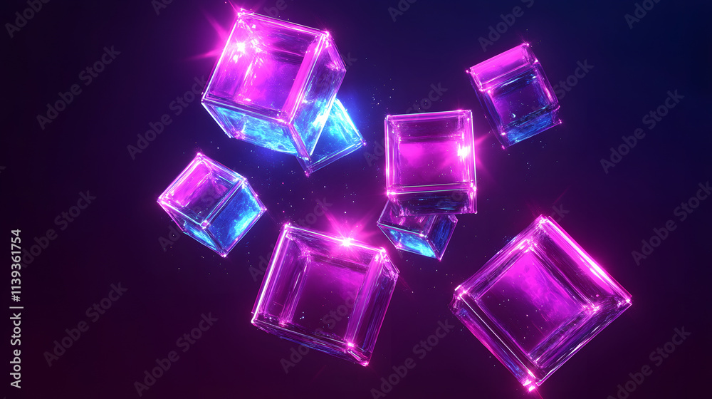 
Digital cyber cube. Neon glowing cubes in motion with. Musical, gaming, technology, background with glowing 3d objects.