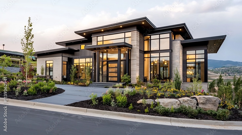 Scandinavian style modern home with clean architectural lines large glass windows and minimalist landscaping leaving open copy space in the foreground and sky Scandinavian style modern home with clean architectural lines large glass windows and minimalist landscaping leaving open copy space in the foreground and sky