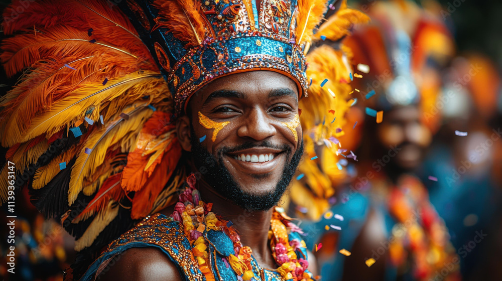 vibrant parade scene with smiling man in colorful costume and feathers vibrant parade scene with smiling man in colorful costume and feathers