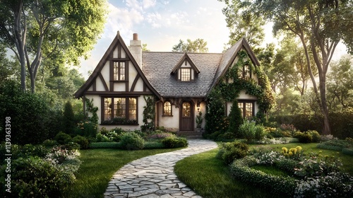 Stunning Tudor style home with timber framed walls steep gable roofs and a stone pathway leading through the lush open garden