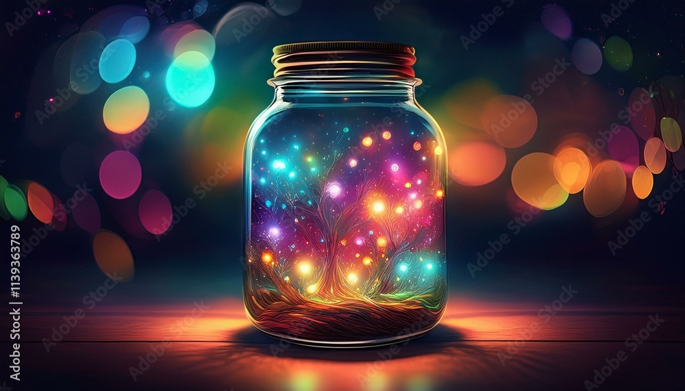 Dreams Concept - Colorful Lights In Jar - Glass Bottle With Liquid