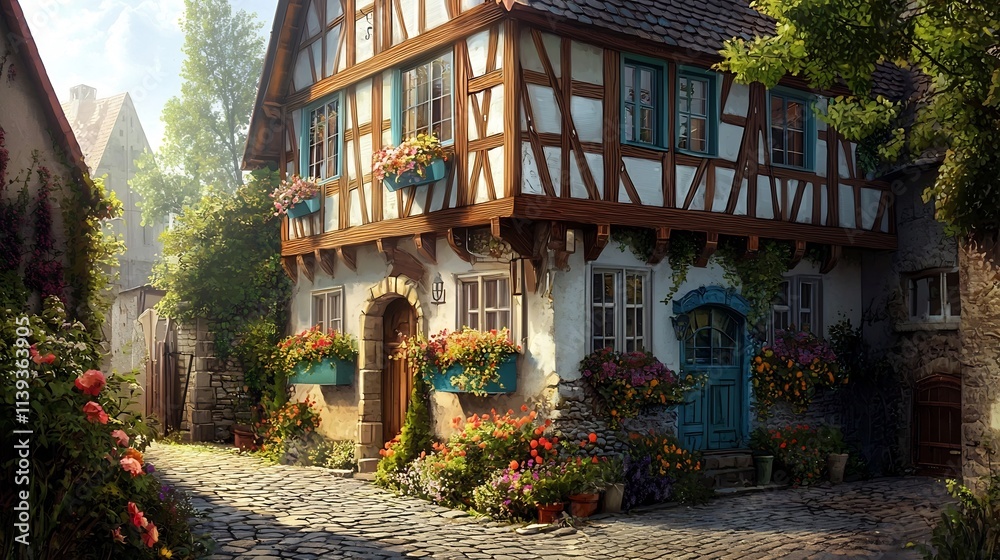 Fototapeta premium Charming half timbered German style house with vibrant wooden beams colorful flower boxes and a cobblestone street in the quaint countryside setting leaving copy space in the background