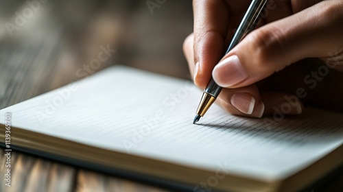 A person writing in a notebook with a pen