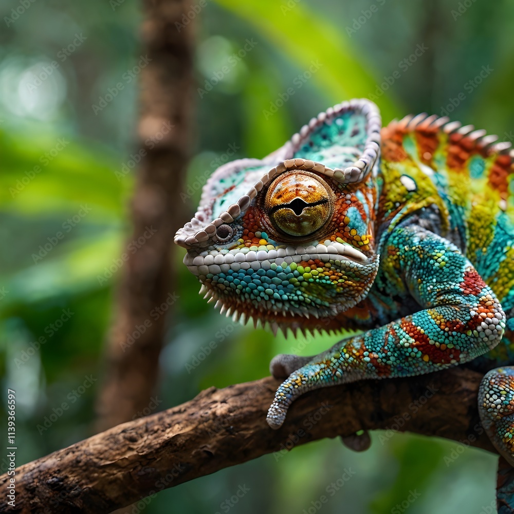 A close-up of a colorful chameleon clinging to a branch, with its textured skin and rotating eyes, against a blurred tropical jungle background,Generative Ai
A close-up of a colorful chameleon clinging to a branch, with its textured skin and rotating eyes, against a blurred tropical jungle background,Generative Ai
