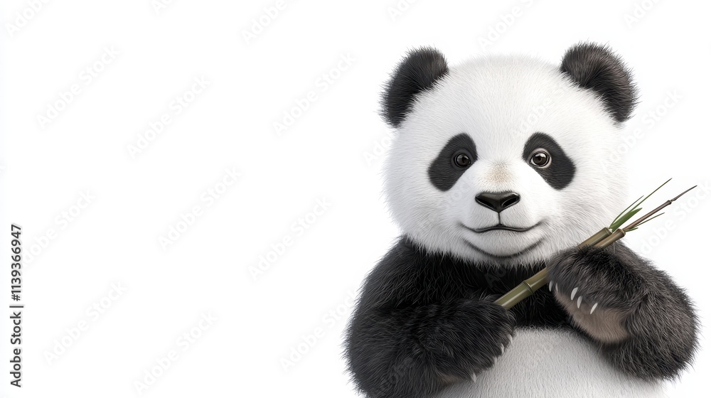 Cute Panda Cub Holding Bamboo on White Background Cute Panda Cub Holding Bamboo on White Background