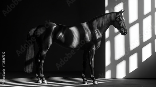 A striking black-and-white portrait of a graceful horse in a dramatic studio setting. The sleek and muscular form of the horse is accentuated by bold lighting and geometric patterns in the background photo