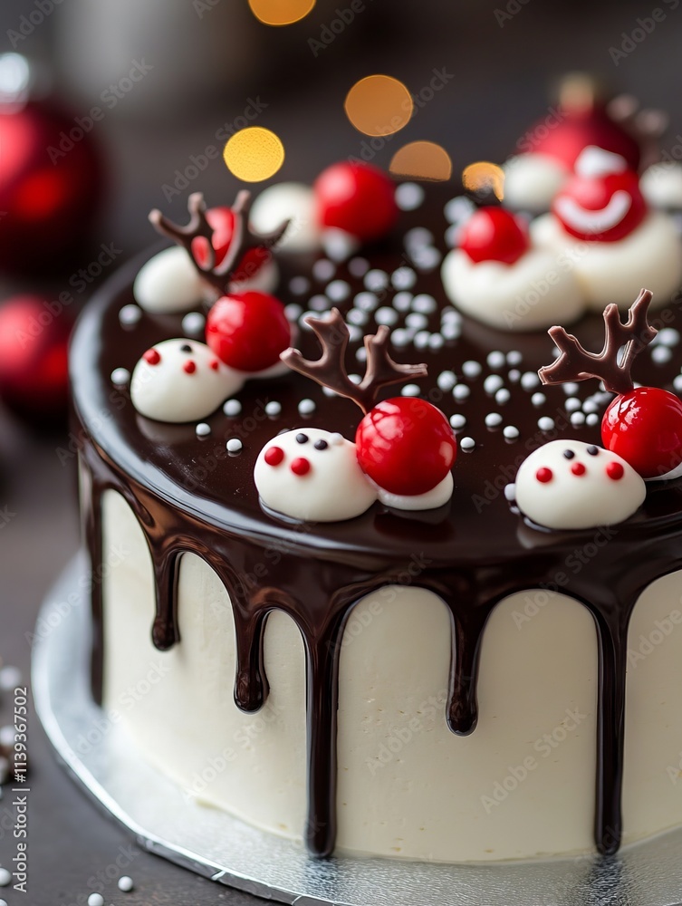 Fototapeta premium A chocolate cake decorated with red and white frosting and reindeer antlers