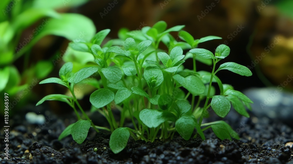 small green plant is growing in the dirt. The plant is small and has a lot of leaves