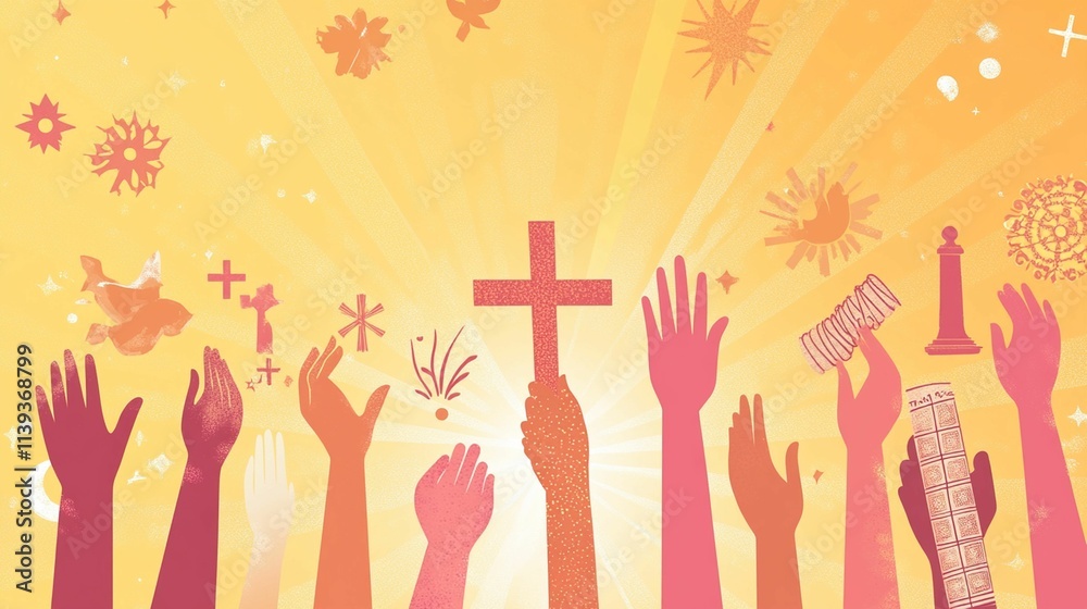 a vector illustration where hands of various skin tones hold different religious symbols a vector illustration where hands of various skin tones hold different religious symbols
