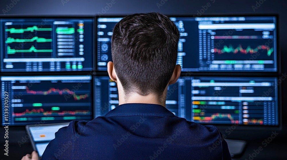 Stock Trader Monitoring Charts on Multiple Screens Stock Trader Monitoring Charts on Multiple Screens