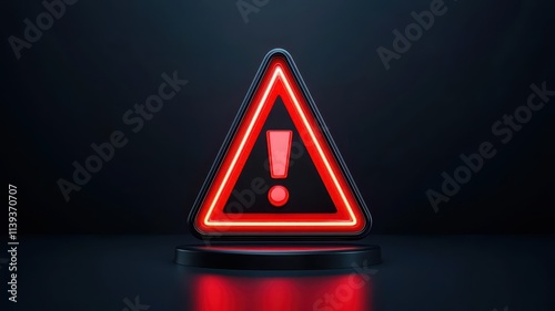 Abstract warning icon with a glowing exclamation mark inside a red triangle, concept of danger alert and security breach, clean minimal background