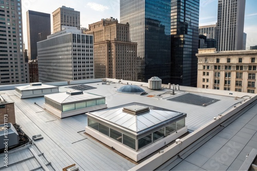 Modern cityscape rooftop view featuring contemporary architectural design with multiple skylights and sleek metal roofing